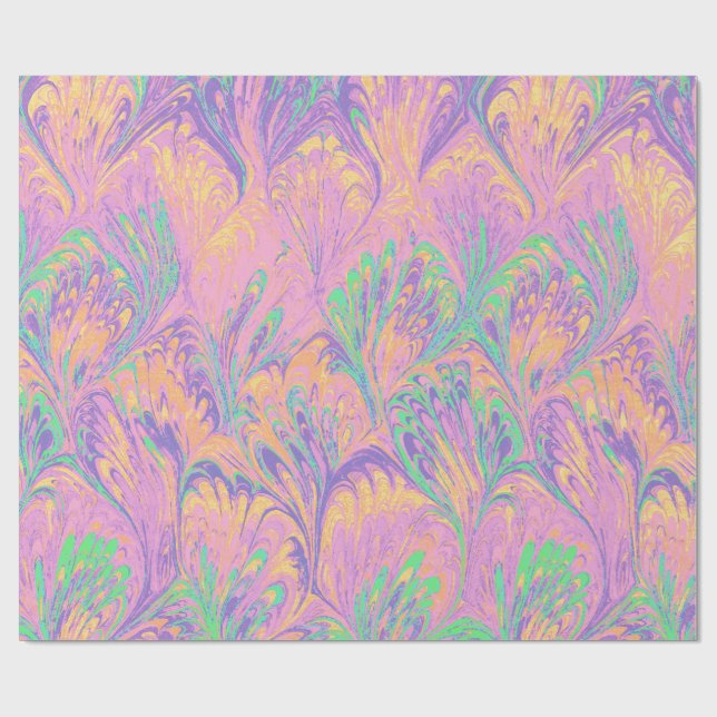 MARBLED PAPER,ABSTRACT PINK GREEN  PEACOCK PATTERN WRAPPING PAPER (Flat)
