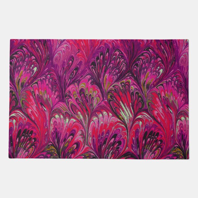 MARBLED PAPER,ABSTRACT PINK PEACOCK PATTERN DOORMAT (Front)