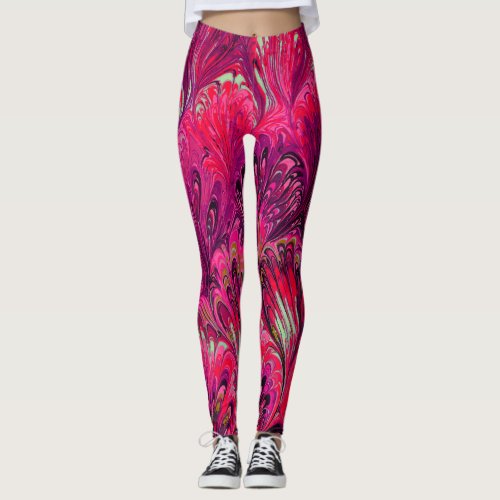 MARBLED PAPERABSTRACT PINK  PEACOCK PATTERN LEGGINGS