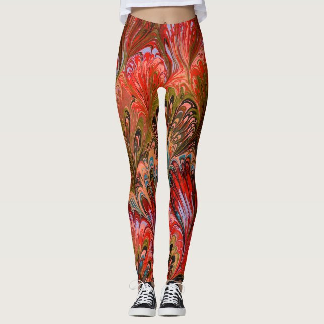 MARBLED PAPER,ABSTRACT RED BLUE PEACOCK PATTERN LEGGINGS (Front)