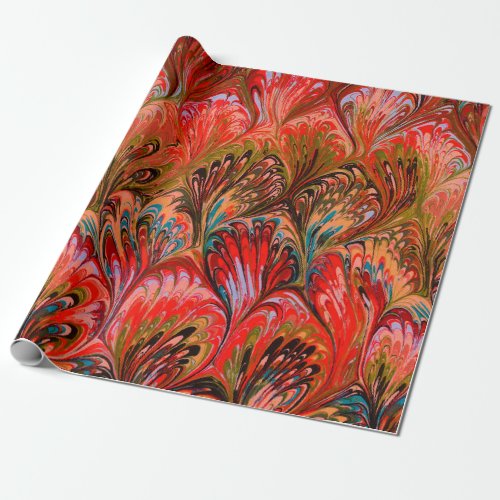 MARBLED PAPERABSTRACT RED BLUE PEACOCK PATTERN WRAPPING PAPER