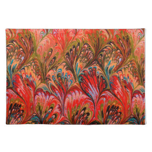 MARBLED PAPER,ABSTRACT RED GREEN PEACOCK PATTERN CLOTH PLACEMAT