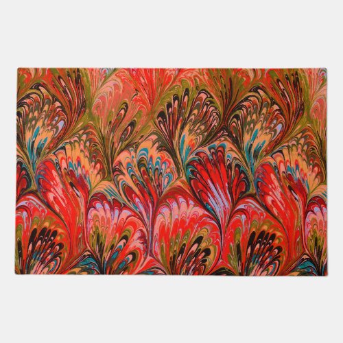 MARBLED PAPERABSTRACT RED PEACOCK PATTERNSWIRLS DOORMAT