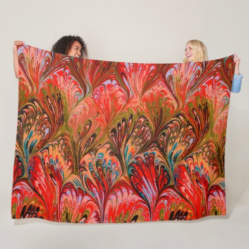 MARBLED PAPERABSTRACT RED PEACOCK PATTERNSWIRLS FLEECE BLANKET