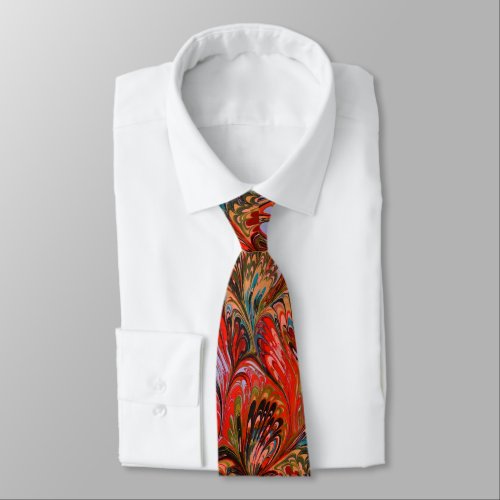 MARBLED PAPERABSTRACT RED  PEACOCK PATTERNSWIRLS NECK TIE