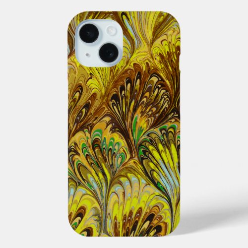 MARBLED PAPERABSTRACT YELLOW PEACOCK PATTERN iPhone 15 CASE