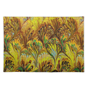 MARBLED PAPER,ABSTRACT YELLOW PEACOCK PATTERN CLOTH PLACEMAT