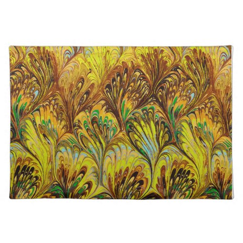 MARBLED PAPERABSTRACT YELLOW PEACOCK PATTERN CLOTH PLACEMAT