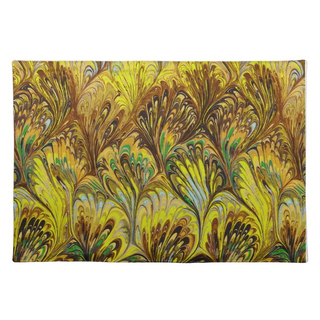 MARBLED PAPER,ABSTRACT YELLOW PEACOCK PATTERN CLOTH PLACEMAT (Front)