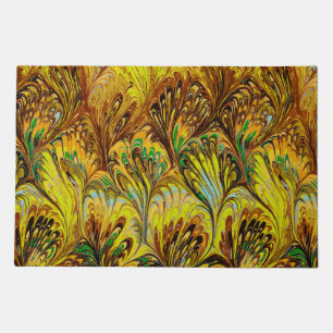 MARBLED PAPER,ABSTRACT YELLOW PEACOCK PATTERN DOORMAT
