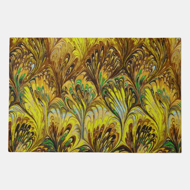MARBLED PAPER,ABSTRACT YELLOW PEACOCK PATTERN DOORMAT (Front)