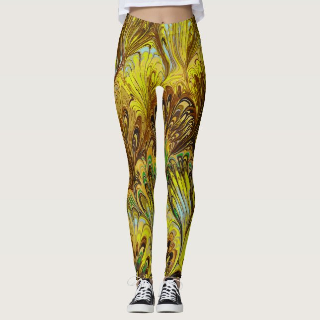 MARBLED PAPER,ABSTRACT YELLOW PEACOCK PATTERN LEGGINGS (Front)