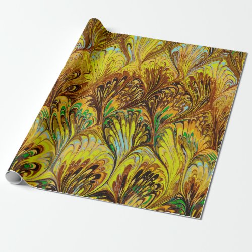 MARBLED PAPERABSTRACT YELLOW PEACOCK PATTERN WRAPPING PAPER