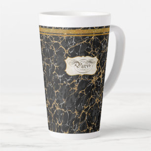 Marbled Paris Calligraphy Typography Black n Gold Latte Mug