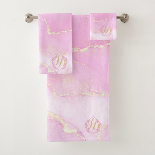 Marbled Pastel Pink Gold Monogrammed Bath Towel Set