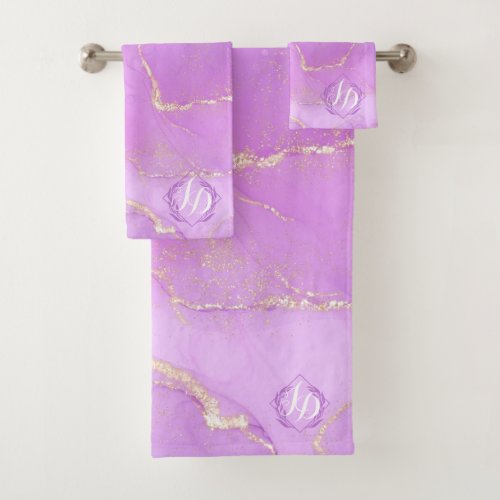 Marbled Pink Gold Monogrammed  Bath Towel Set