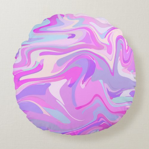 Marbled Pink Purple Turquoise Round Pillow