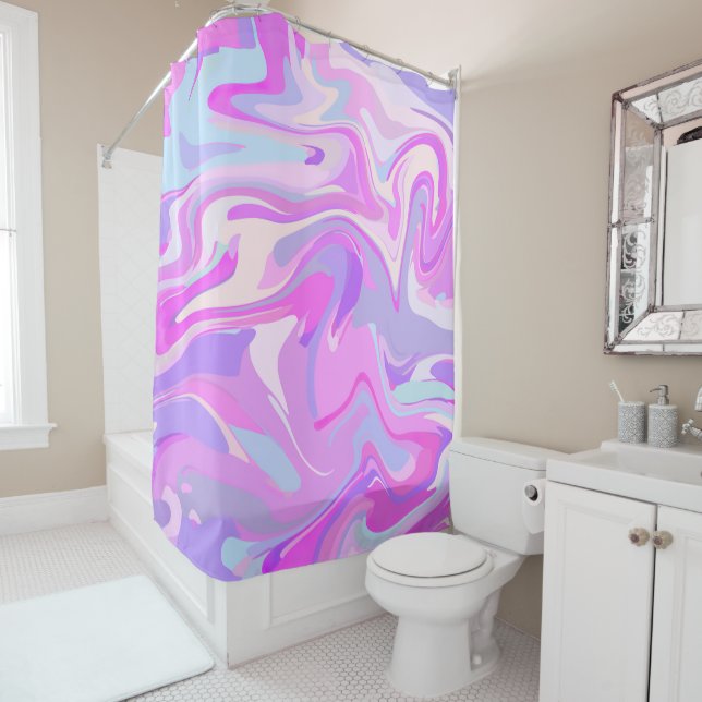 Marbled Pink Purple Turquoise Shower Curtain (In Situ)