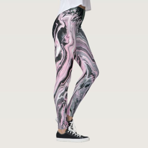 Marbled Poured Paint Pink Black Leggings