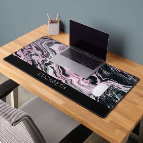Marbled Poured Paint Pink Black Name Desk Mat