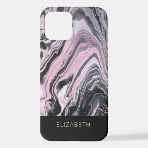 Marbled Poured Paint Pink Black Name iPhone 12 Case