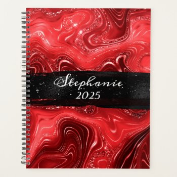 Marbled Red Glam Black Brush Stroke Planner by annaleeblysse at Zazzle