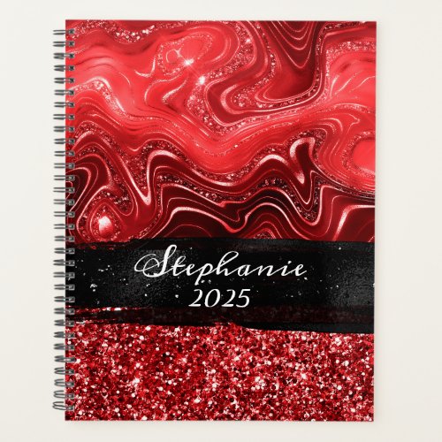 Marbled Red Glitter Glam Black Brush Stroke Planner