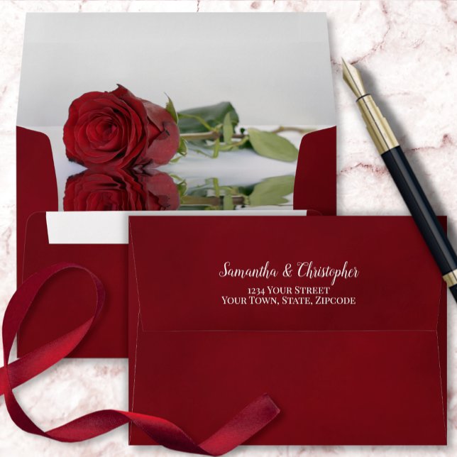 Marbled Red with Red Rose Elegant Wedding Envelope (Creator Uploaded)