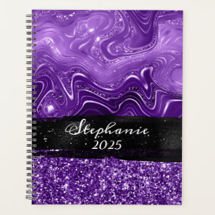 Marbled Royal Purple Glitter Black Brush Stroke Planner