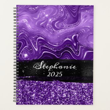 Marbled Royal Purple Glitter Black Brush Stroke Planner by annaleeblysse at Zazzle