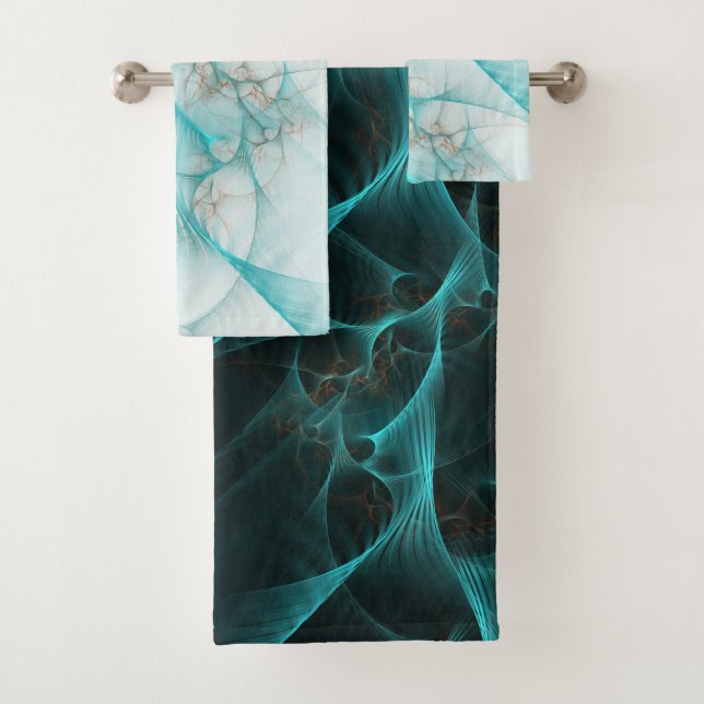 Marbled Silk Fractal Teal ID717 Bath Towel Set (Insitu)