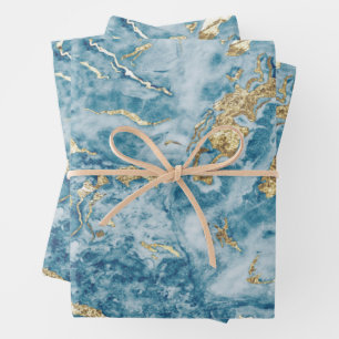 Marbled Swirls Blue Gold Wrapping Paper Sheets