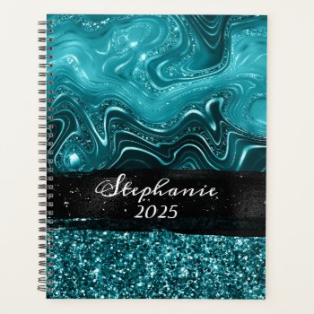 Marbled Teal Blue Glitter Glam Colorblock Planner by annaleeblysse at Zazzle