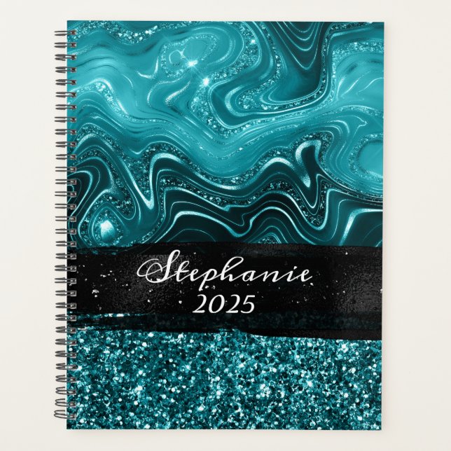 Marbled Teal Blue Glitter Glam Colorblock Planner (Front)