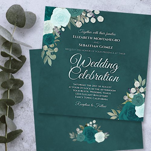 Marbled Teal Elegant Turquoise Aqua Roses Wedding Invitation