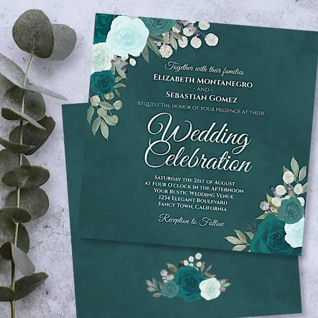 Marbled Teal Elegant Turquoise Aqua Roses Wedding Invitation (Creator Uploaded)