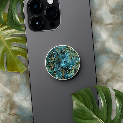 Marbled Teal Turquoise Faux Gold Agate Art Pattern PopSocket