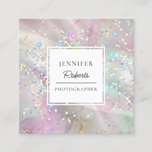 Marbled Watercolor Alcohol Ink Holographic Glitter Square Business Card