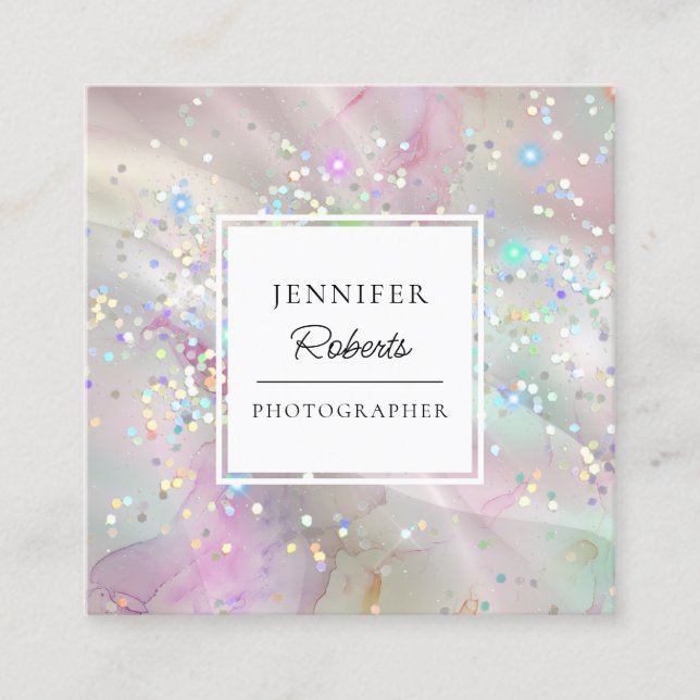 Marbled Watercolor Alcohol Ink Holographic Glitter Square Business Card (Front)