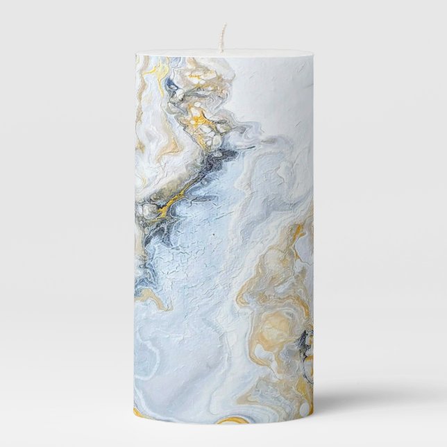 Marbled White Gold Fluid Art Pillar Candle  (Front)