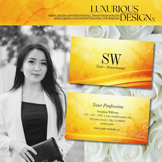 Marbled Yellow Orange Curved Decor with Monogram Business Card (Creator Uploaded)