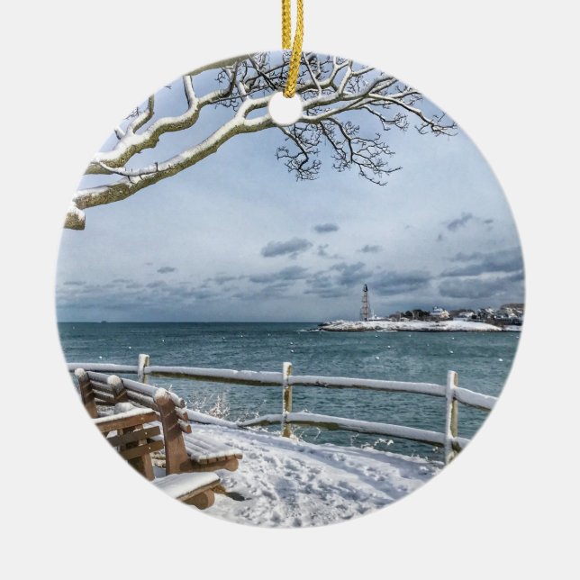 Marblehead, Massachusetts. Harbor, Lighthouse, Ceramic Ornament (Front)
