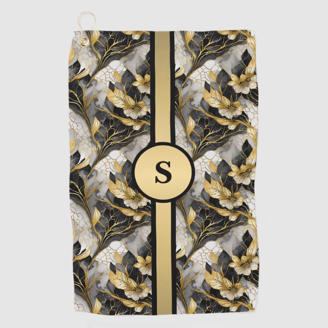 Marbleized Floral Gold & Black Personalized Golf Towel (Front)