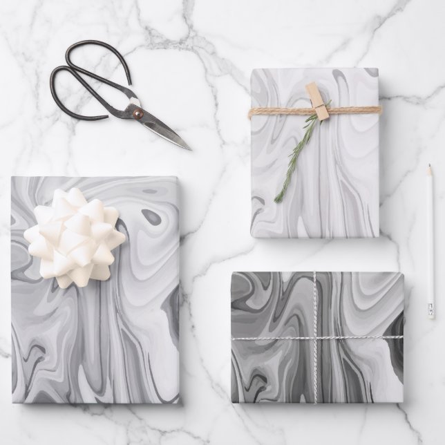 Marbleized Paint Greys Elegant Wedding Gift Wrapping Paper Sheets (Front)