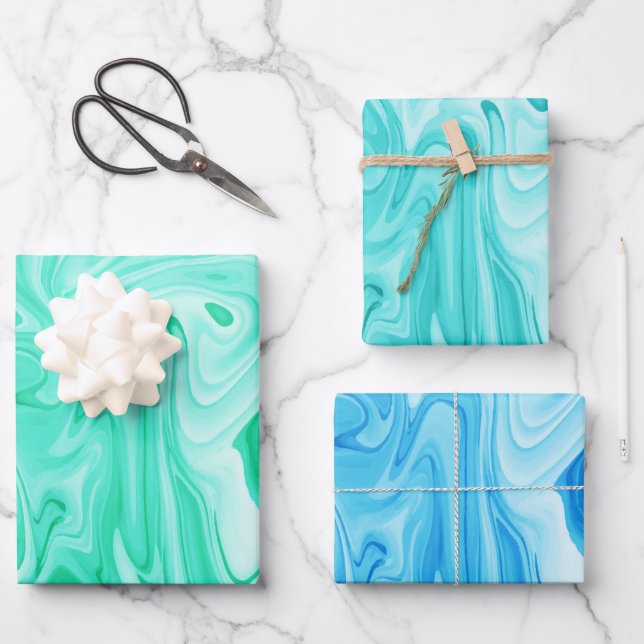 Marbleized Paint Ocean Blues Surfer Water Fun Wrapping Paper Sheets (Front)