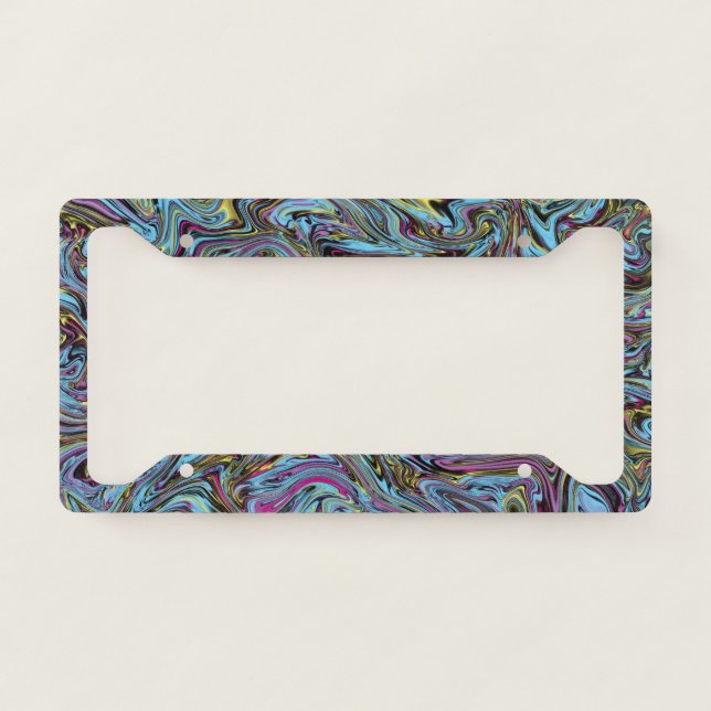 Marbleized Swirls of Black Yellow Pink Blue Etc. License Plate Frame (Front)
