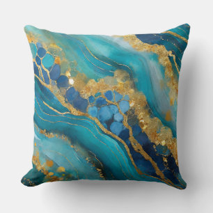 Marbleized Teal Blue Gold Elegant Faux Throw Pillow