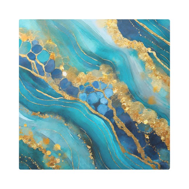 Marbleized Teal Blue Gold Elegant Metal Wall Art (Front)