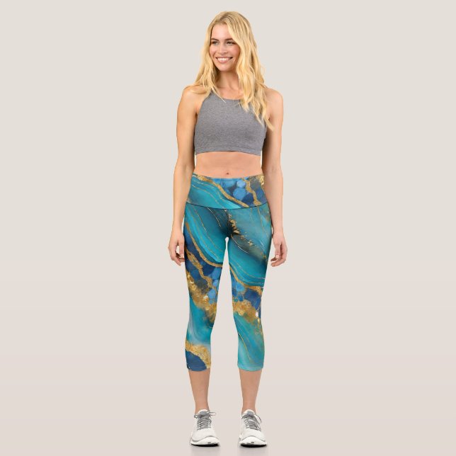 Marbleized Teal Gold Capri Leggings (Front)