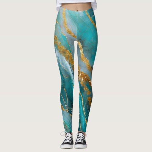 Marbleized Teal Gold Elegant  Leggings